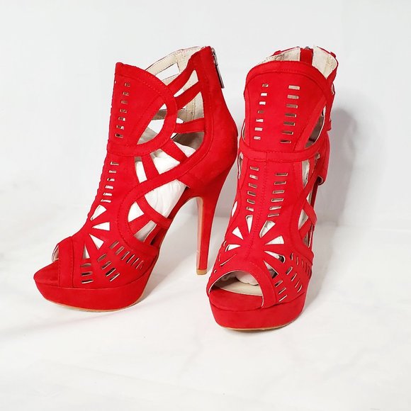 NWT Zip Back Rytner Red Heels by JustFab, Size 6 US, Open-toe - Picture 2 of 4